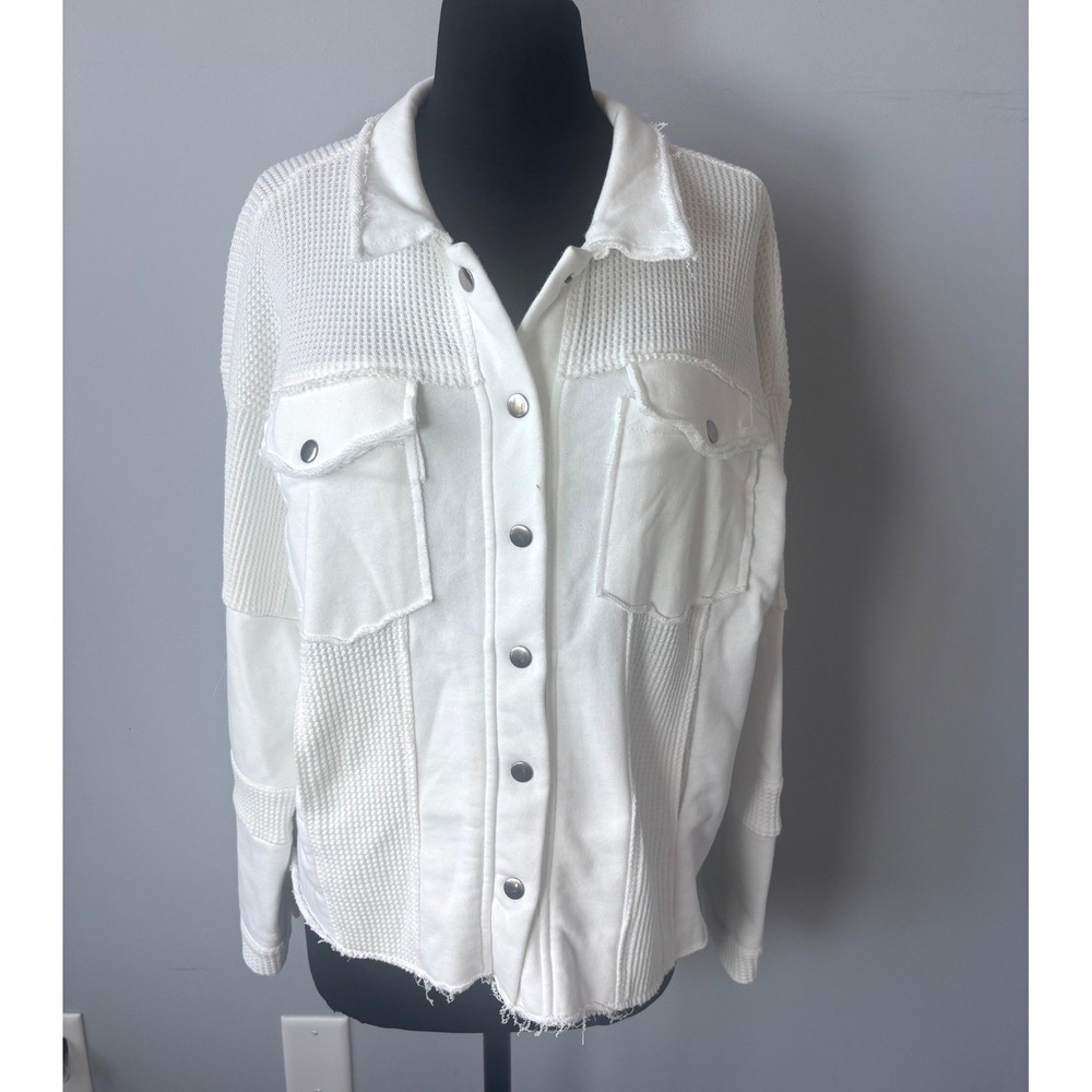 Pol White Waffle Knit Patchwork Button Up Shirt J… - image 1